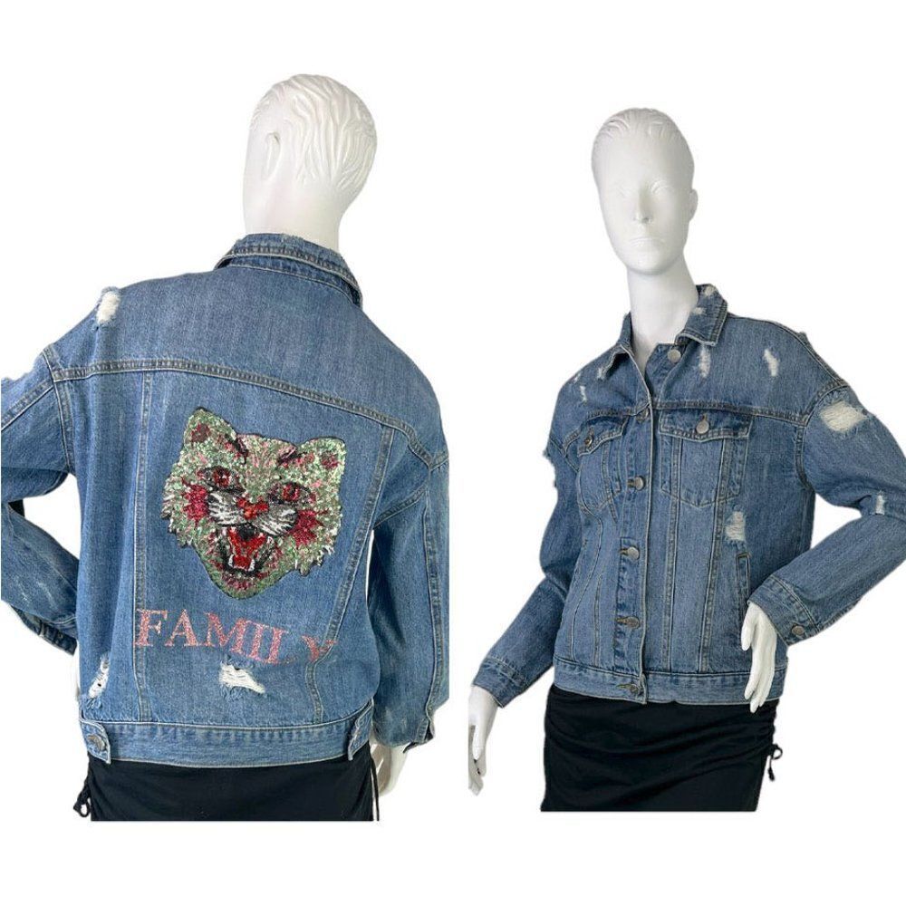 Hipchik Couture Blue Denim Distressed Jacket with Sequin Family Cat Size Medium